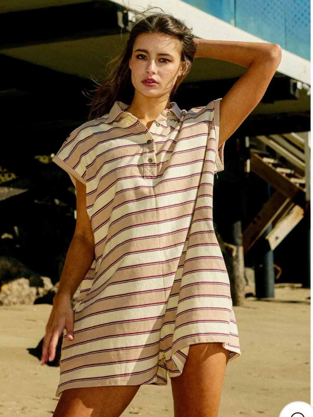 Bucket list Striped Polo Romper in Cream and Burgundy